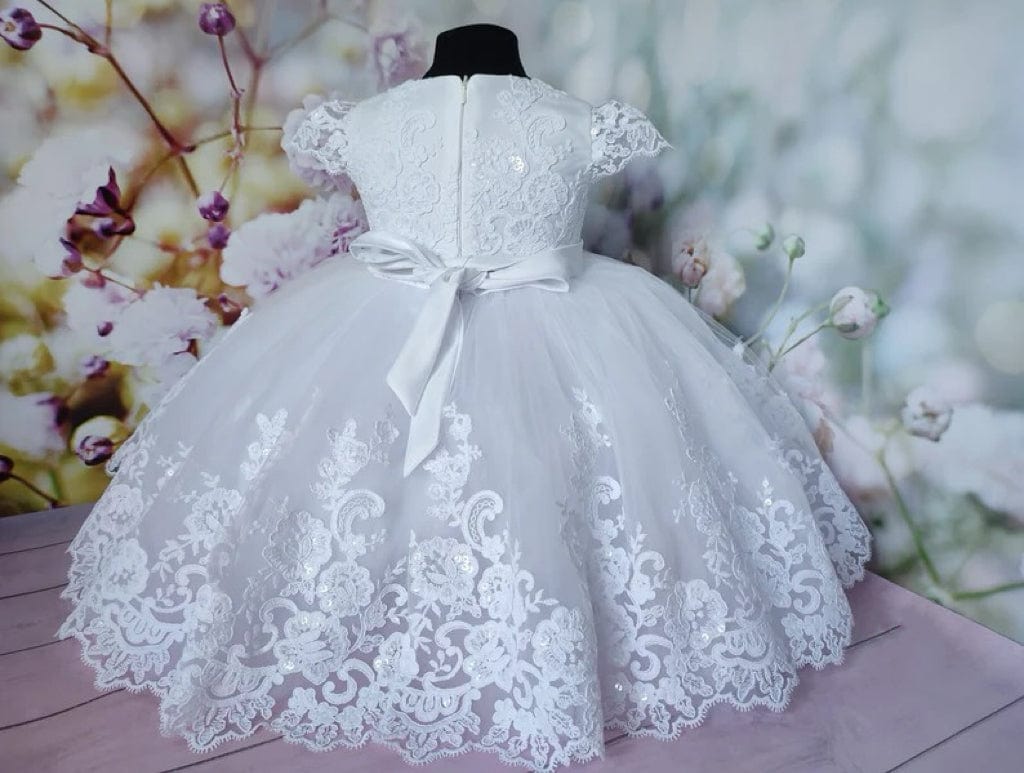 Sunnypetal White Cap Sleeves Floral Lace Baby Girl Baptism Dress