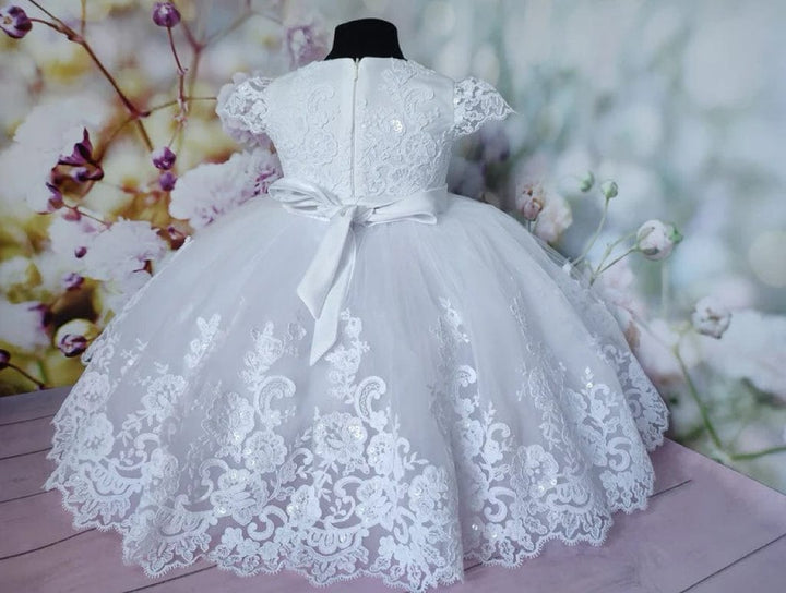Sunnypetal White Cap Sleeves Floral Lace Baby Girl Baptism Dress