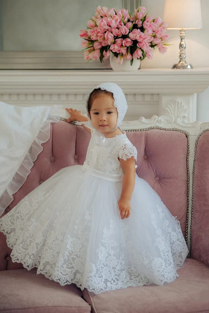 Sunnypetal White Cap Sleeves Floral Lace Baby Girl Baptism Dress