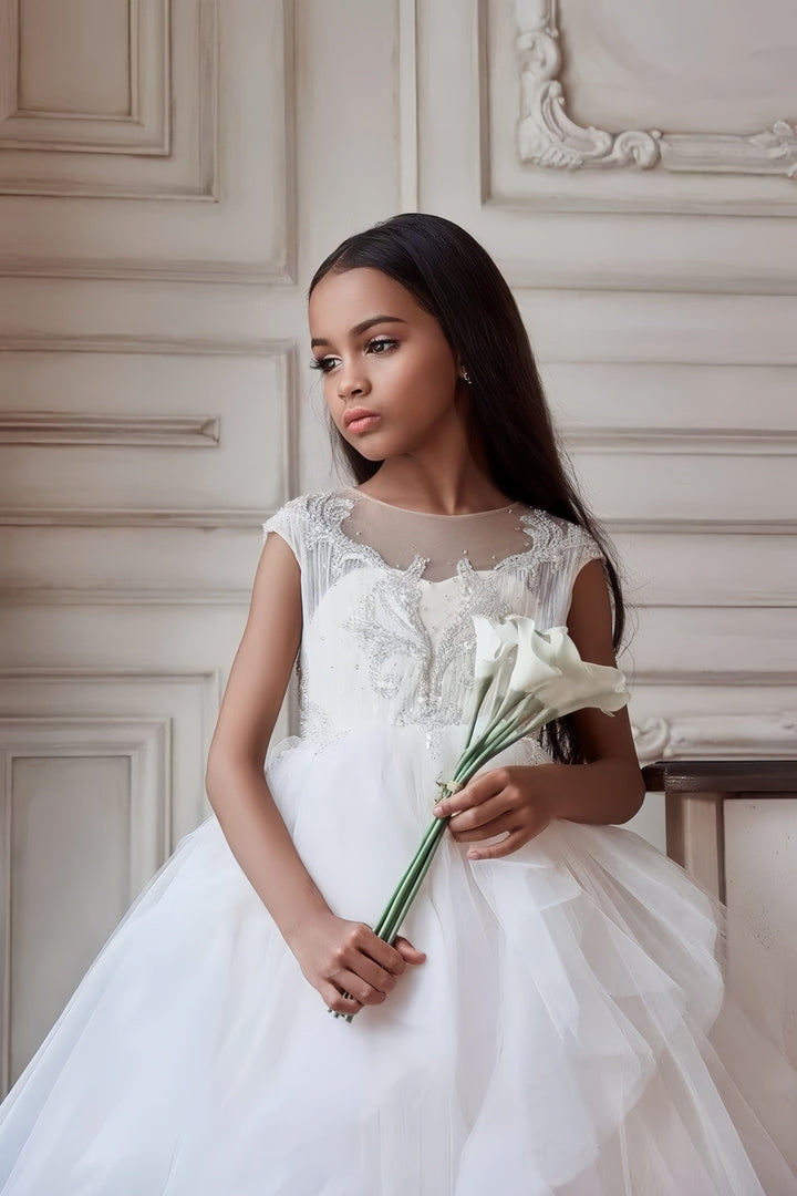 Sunnypetal White Cap Sleeves Puff Tulle Ball Gown First Holy Communion Dress