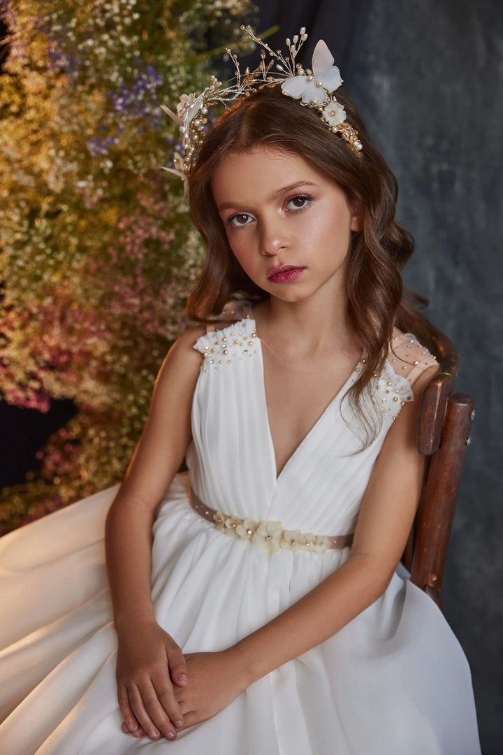 Sunnypetal White Chiffon Pleated V-Neck Sleeveless Ball Gown Flower Girl Dresses