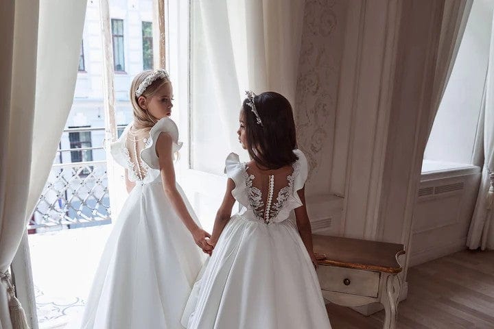 Sunnypetal White Deluxe Satin Dress Flared Sleeves A-Line Flower Girl Dresses with Train