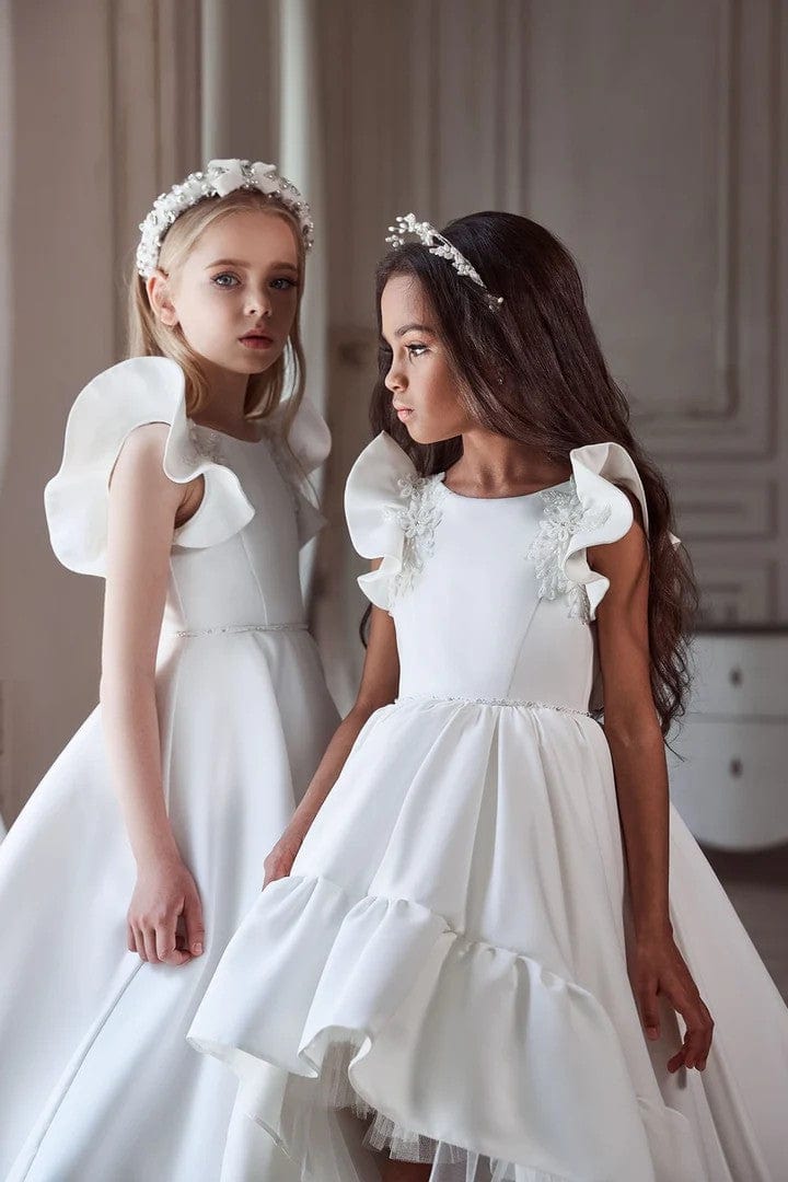 Sunnypetal White Deluxe Satin Dress Flared Sleeves A-Line Flower Girl Dresses with Train