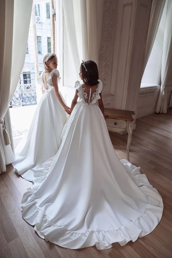 Sunnypetal White Deluxe Satin Dress Flared Sleeves A-Line Flower Girl Dresses with Train