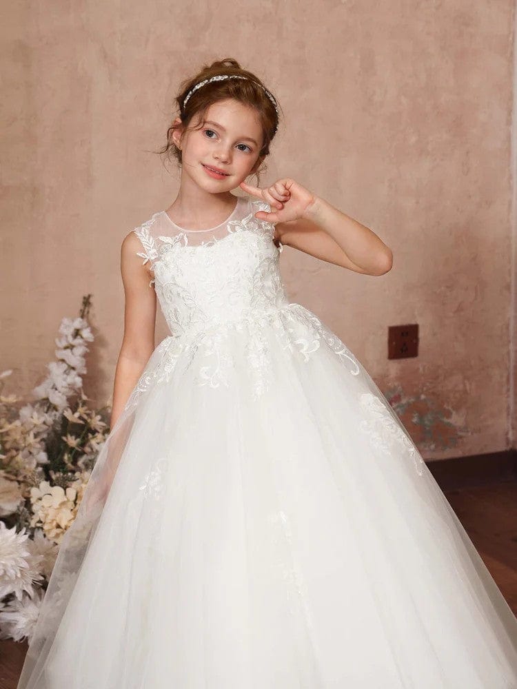 Sunnypetal White Flower Girl Ball Gown Dress Tulle Sleeveless Floor-Length First Communion Dresses