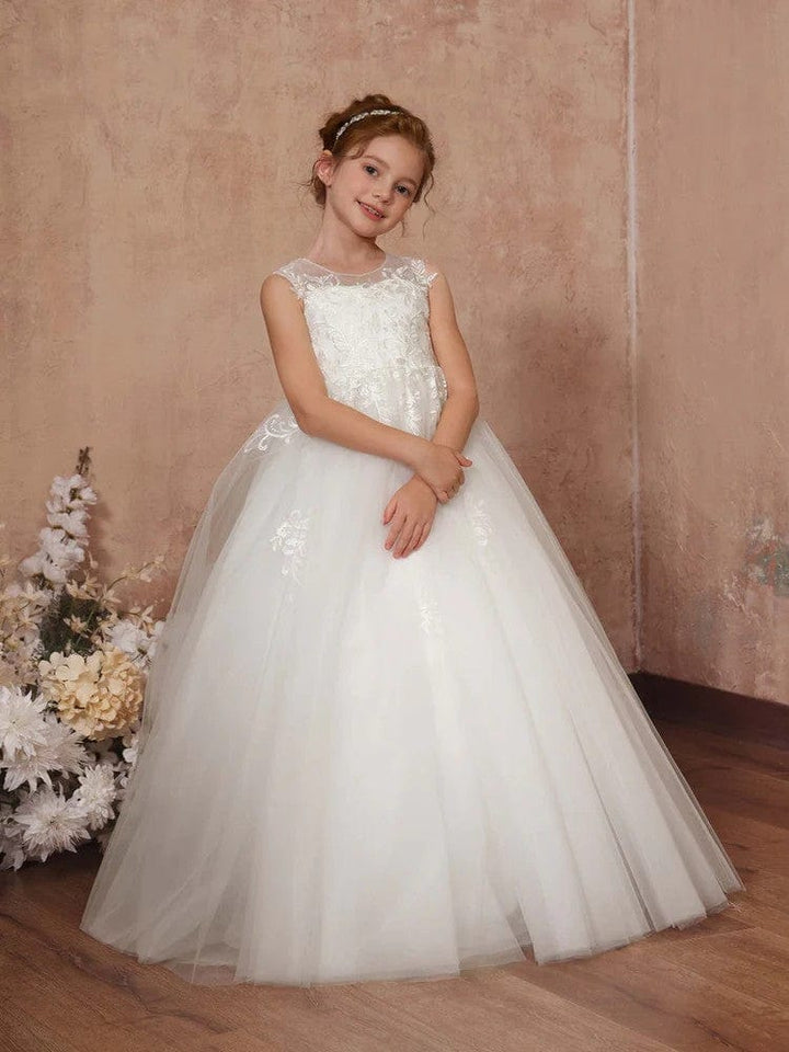 Sunnypetal White Flower Girl Ball Gown Dress Tulle Sleeveless Floor-Length First Communion Dresses