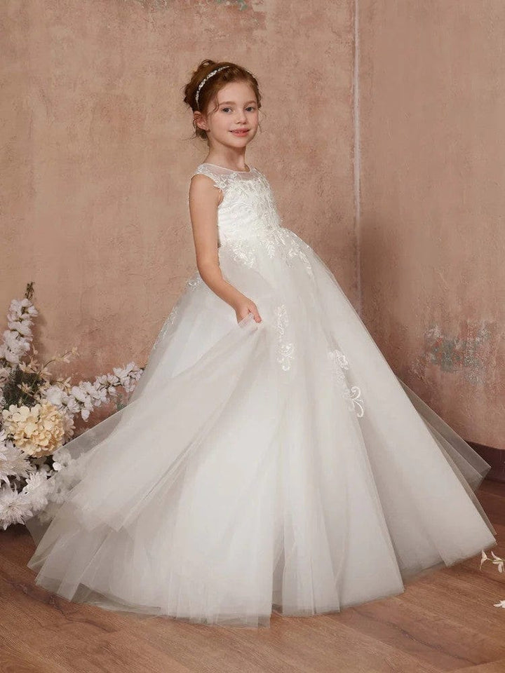 Sunnypetal White Flower Girl Ball Gown Dress Tulle Sleeveless Floor-Length First Communion Dresses