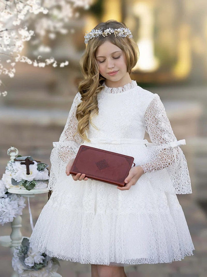 Sunnypetal White Flower Girl Dresses Long Sleeve Tulle Lace Bow Knee-Length Communion Dress