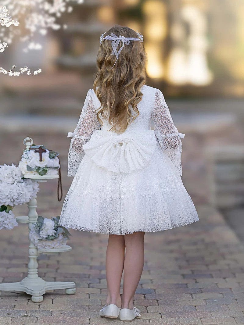 Sunnypetal White Flower Girl Dresses Long Sleeve Tulle Lace Bow Knee-Length Communion Dress