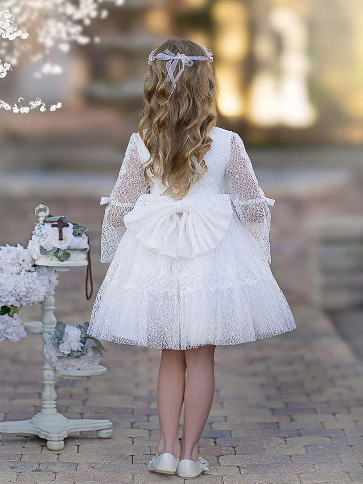 Sunnypetal White Flower Girl Dresses Long Sleeve Tulle Lace Bow Knee-Length Communion Dress