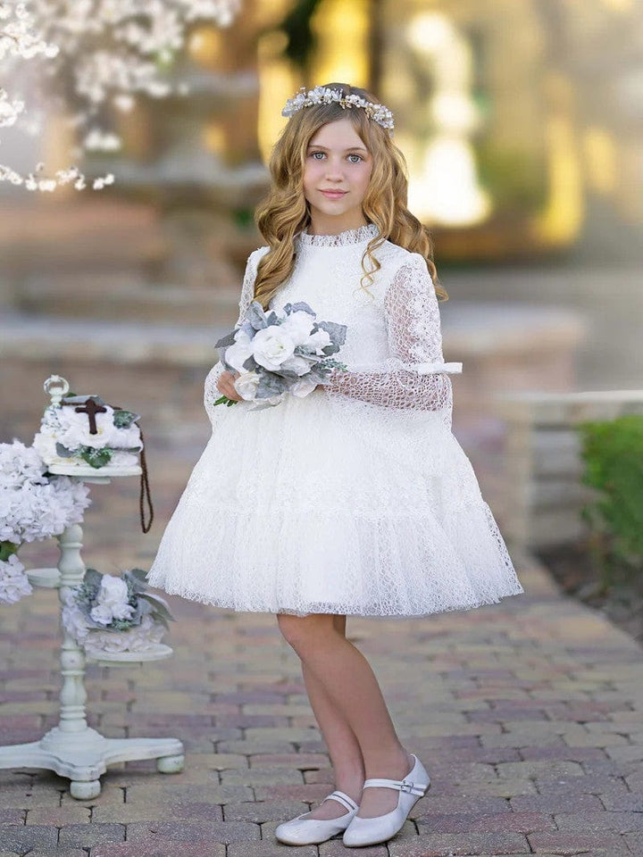 Sunnypetal White Flower Girl Dresses Long Sleeve Tulle Lace Bow Knee-Length Communion Dress