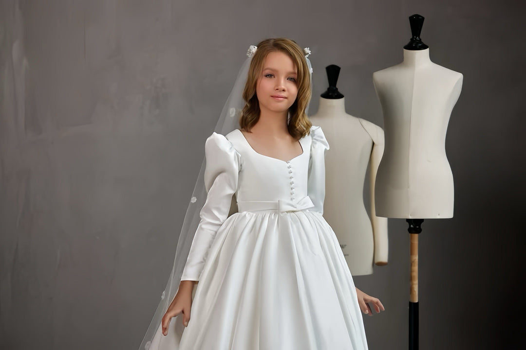 Sunnypetal White Gorgeous Satin Ball Gown Flower Girl Dresses First Holy Communion Dress