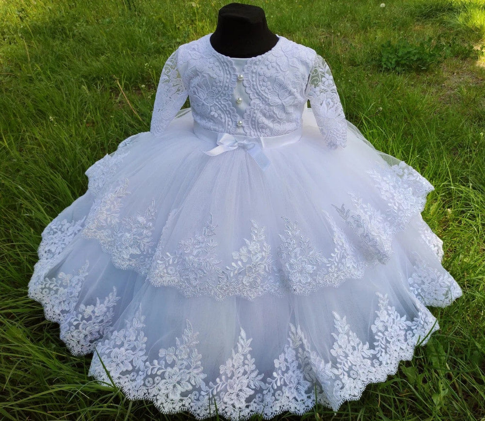 Sunnypetal White Half Sleeves Lace Appliques Toddler Baptism Dress Christening Gown
