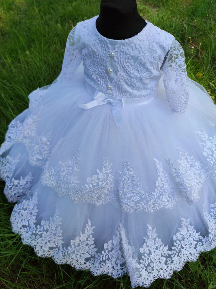 Sunnypetal White Half Sleeves Lace Appliques Toddler Baptism Dress Christening Gown