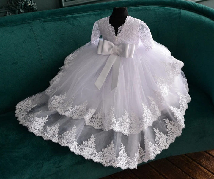 Sunnypetal White Half Sleeves Lace Appliques Toddler Baptism Dress Christening Gown