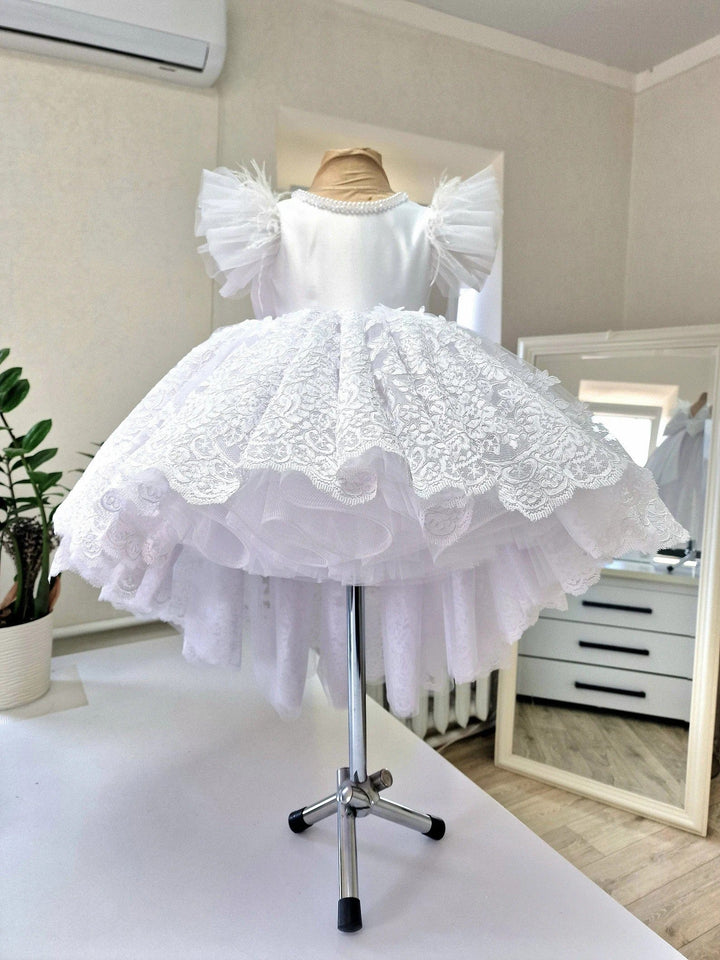 Sunnypetal White Lace Baby Toddler Baptism Dresses with Feathers / Pearls / Bow