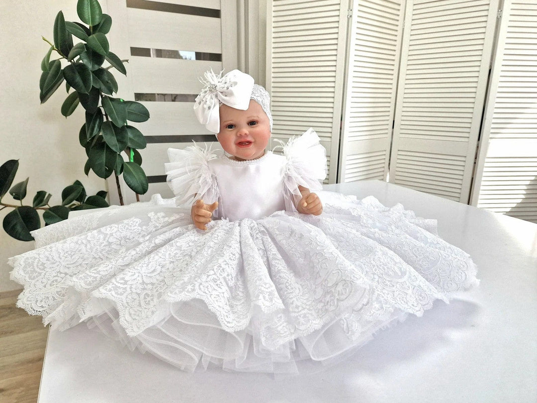 Sunnypetal White Lace Baby Toddler Baptism Dresses with Feathers / Pearls / Bow