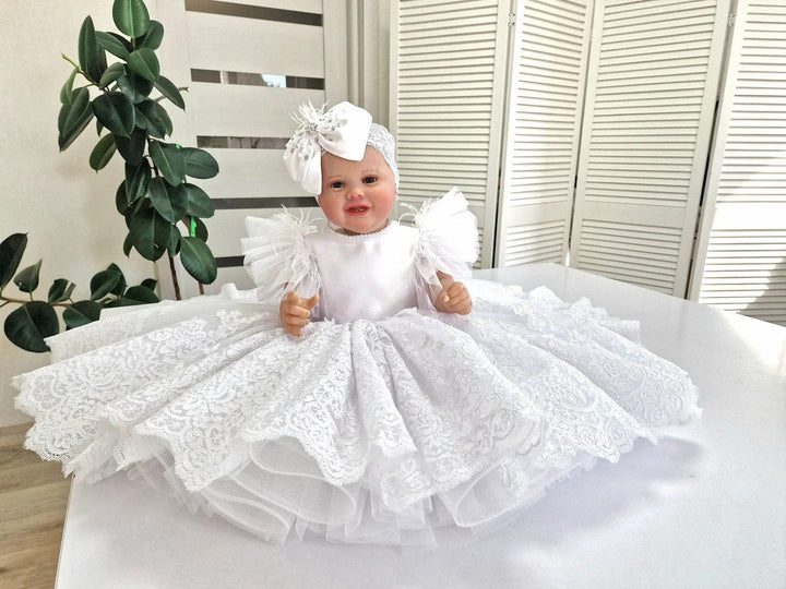 Sunnypetal White Lace Baby Toddler Baptism Dresses with Feathers / Pearls / Bow