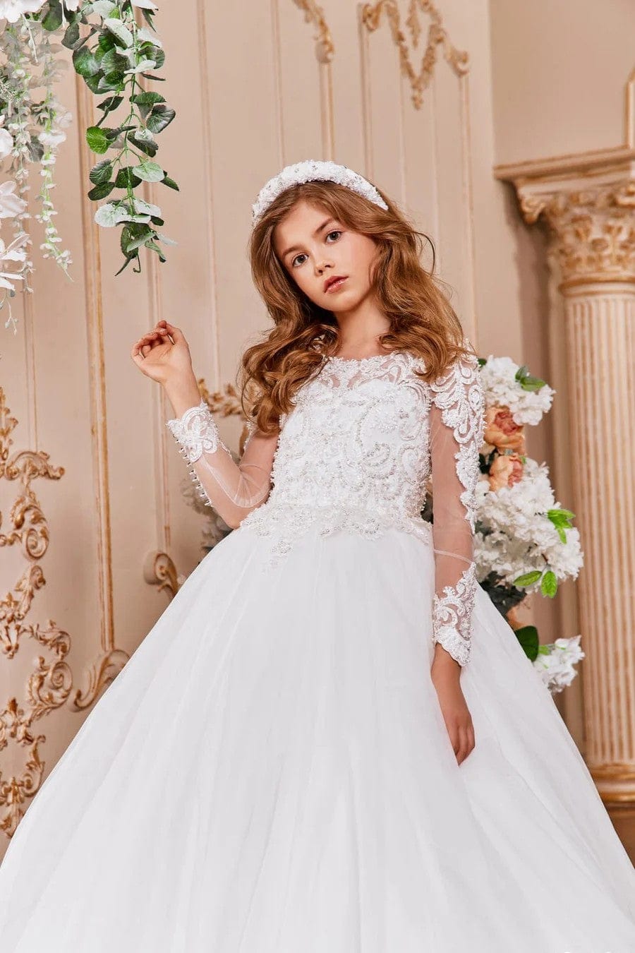 Sunnypetal White Lace Long Sleeve First Communion Dress with Pearls and Rhinestones