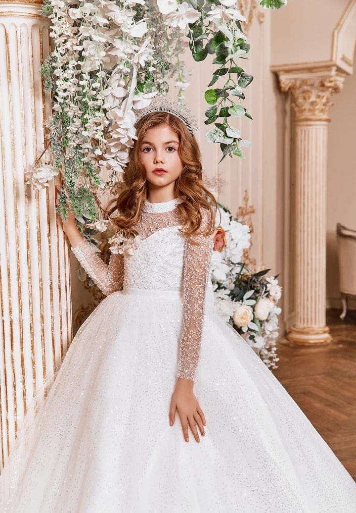 Sunnypetal White Long Princess Glitter Tulle Dress with Bow