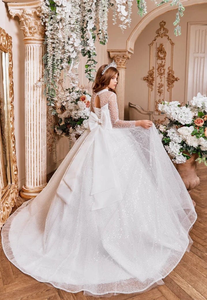 Sunnypetal White Long Princess Glitter Tulle Dress with Bow