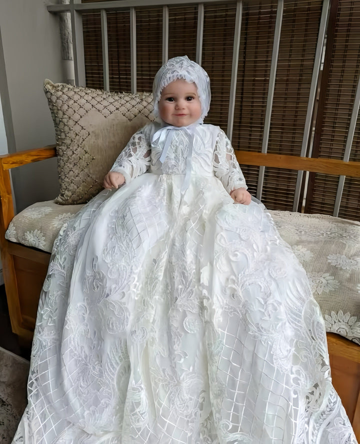 Sunnypetal White Long Sleeves Baby Girl Baptism Dress Christening Gown