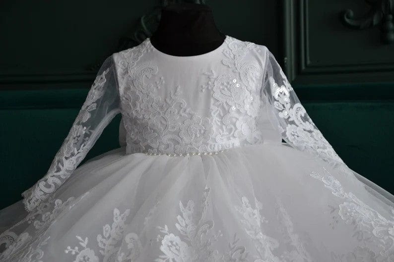 Sunnypetal White Long Sleeves Floral Lace Sequin Baptism Gown with Bow