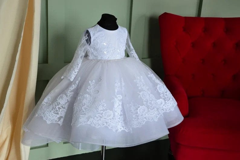 Sunnypetal White Long Sleeves Floral Lace Sequin Baptism Gown with Bow