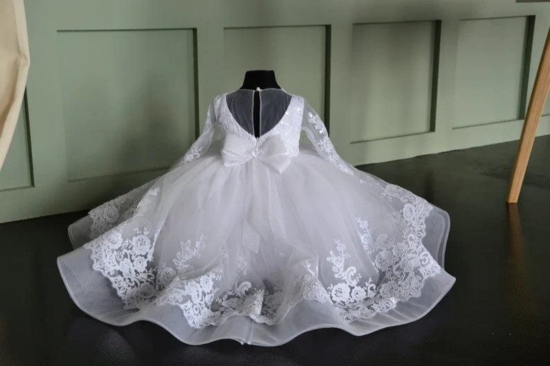 Sunnypetal White Long Sleeves Floral Lace Sequin Baptism Gown with Bow