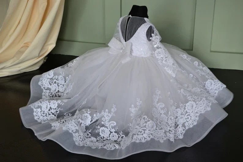 Sunnypetal White Long Sleeves Floral Lace Sequin Baptism Gown with Bow
