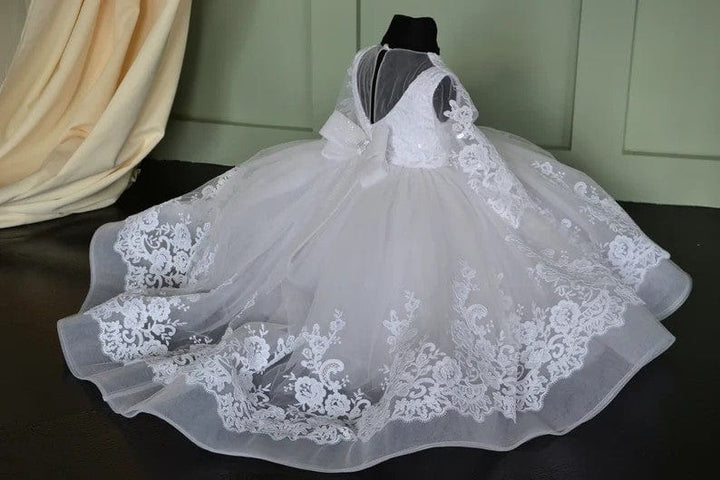 Sunnypetal White Long Sleeves Floral Lace Sequin Baptism Gown with Bow