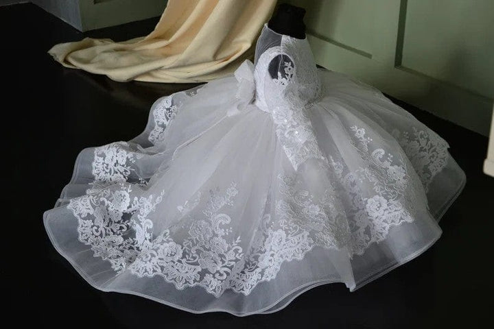 Sunnypetal White Long Sleeves Floral Lace Sequin Baptism Gown with Bow