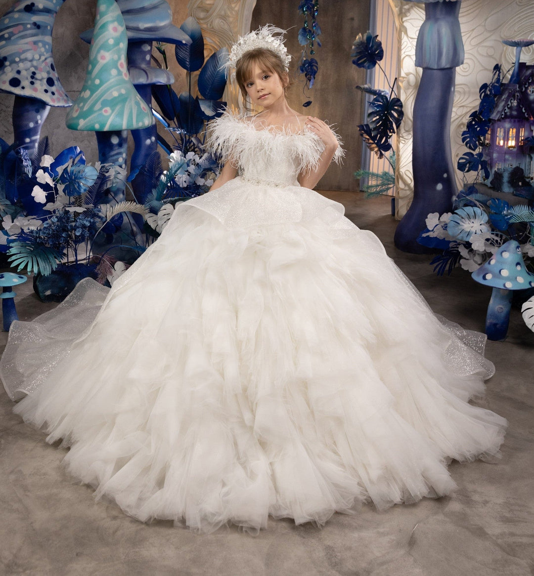 Sunnypetal White Luxury Flower Girl Dress Feather Off Shoulder Tiered Beaded Shiny Tulle Dress