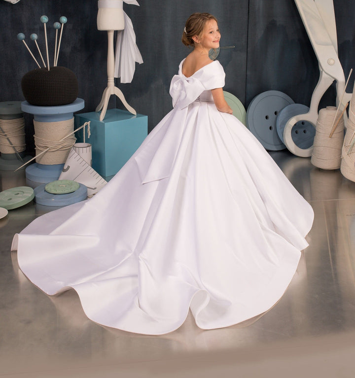 Sunnypetal White Off Shoulder Satin Ball Gown Bow Princess Flower Girl Dress