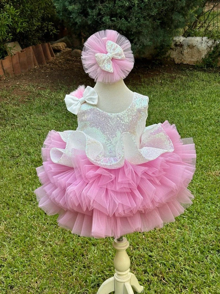Sunnypetal White Pink Sleeveless Layered Tulle Flower Girl Dress with Detachable Train