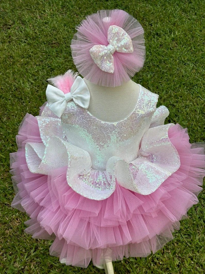 Sunnypetal White Pink Sleeveless Layered Tulle Flower Girl Dress with Detachable Train