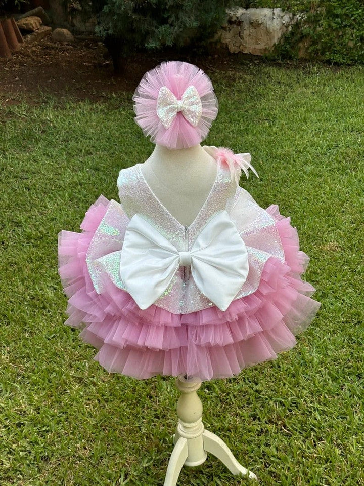 Sunnypetal White Pink Sleeveless Layered Tulle Flower Girl Dress with Detachable Train