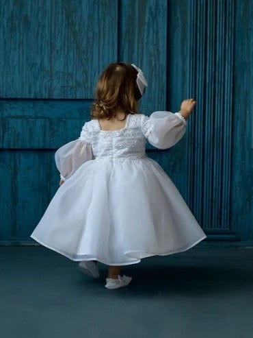 Sunnypetal White Puff Long Sleeves Square Neck Christening Dresses for Baby Girls