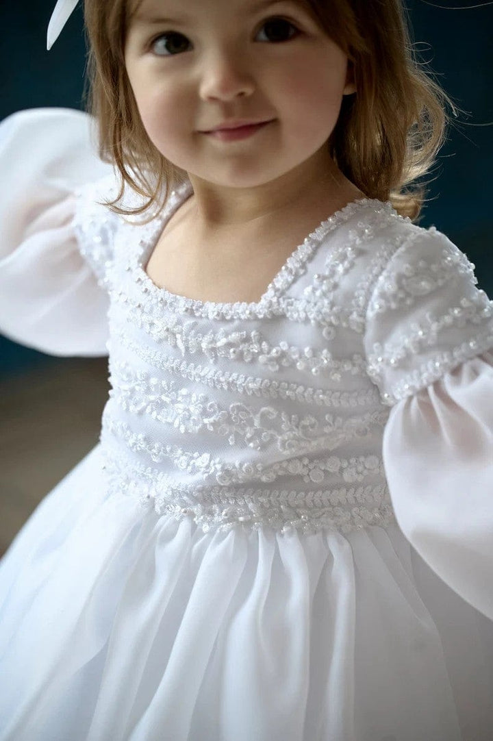 Sunnypetal White Puff Long Sleeves Square Neck Christening Dresses for Baby Girls