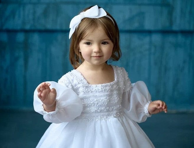 Sunnypetal White Puff Long Sleeves Square Neck Christening Dresses for Baby Girls