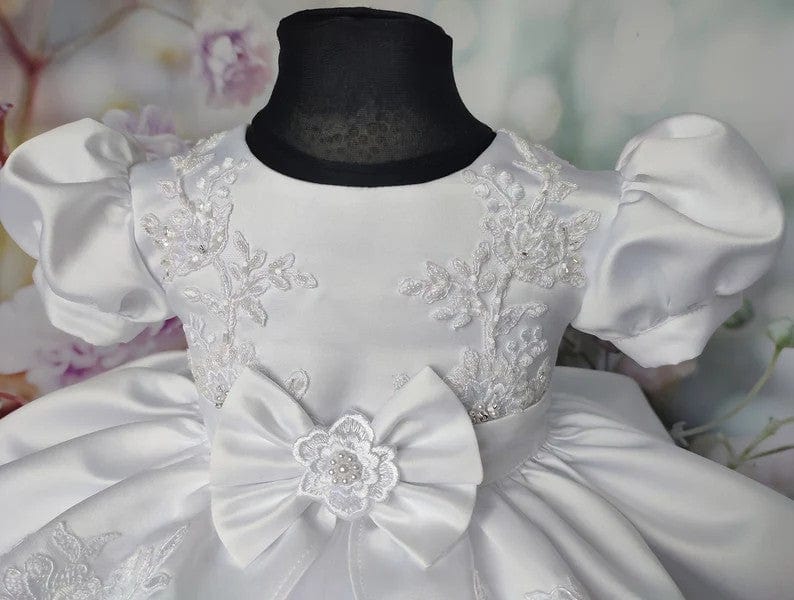 Sunnypetal White Puff Sleeves Baby Toddler Girl Baptism Dress with Train