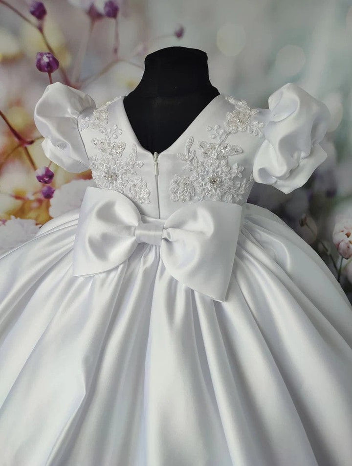Sunnypetal White Puff Sleeves Baby Toddler Girl Baptism Dress with Train