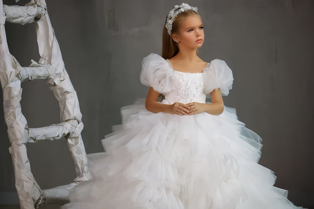 Sunnypetal White Puffy Sleeves Layered Full Ruffled Tulle Flower Girl Dresses