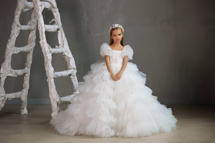 Sunnypetal White Puffy Sleeves Layered Full Ruffled Tulle Flower Girl Dresses