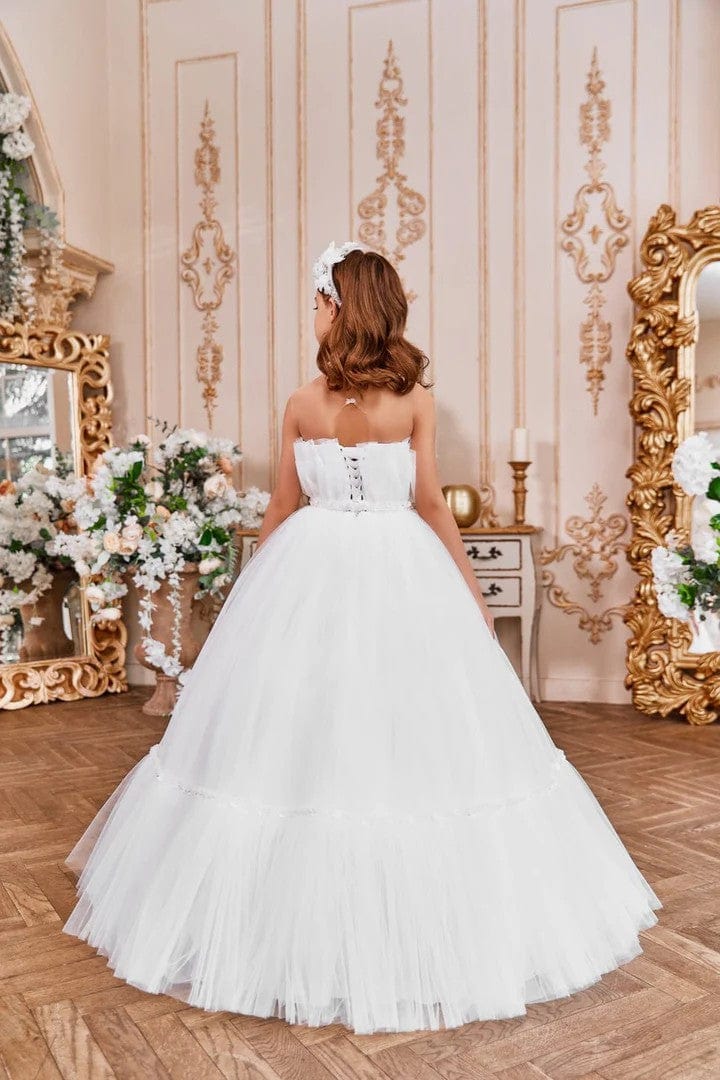 Sunnypetal White Ruffle Tulle Dress Off-The-Shoulder Floor-Length Wedding Communion Dress