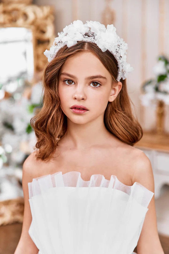 Sunnypetal White Ruffle Tulle Dress Off-The-Shoulder Floor-Length Wedding Communion Dress