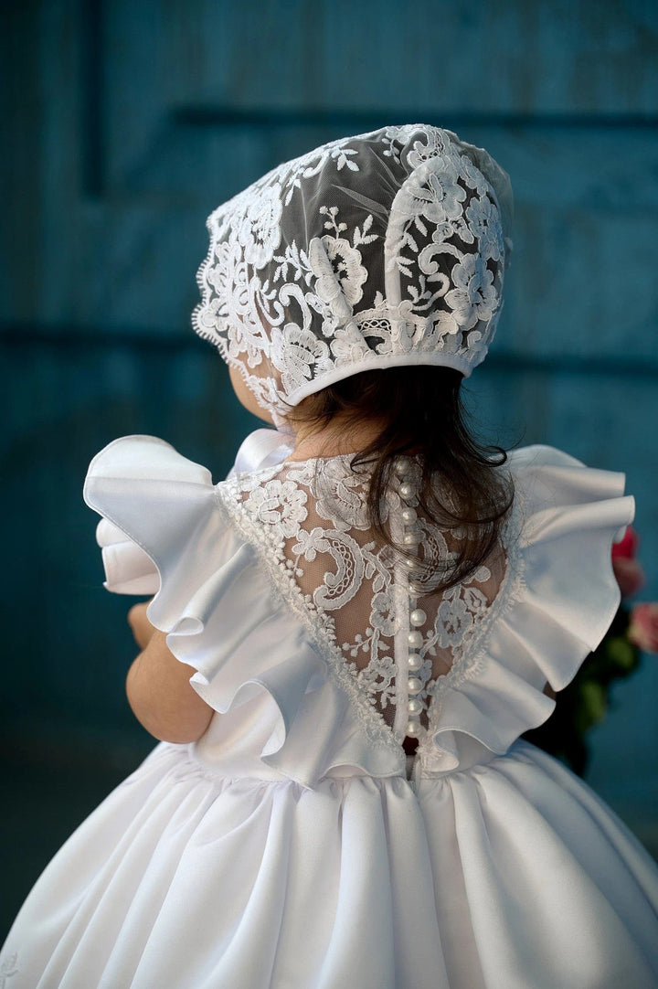 Sunnypetal White Ruffled Sleeves Satin Lace Baby Toddler Baptism Dress with Train