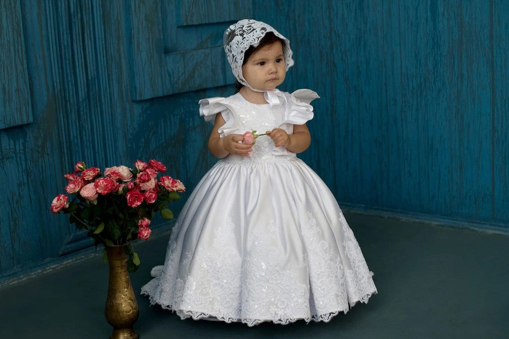Sunnypetal White Ruffled Sleeves Satin Lace Baby Toddler Baptism Dress with Train