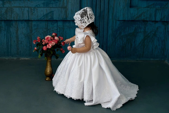 Sunnypetal White Ruffled Sleeves Satin Lace Baby Toddler Baptism Dress with Train