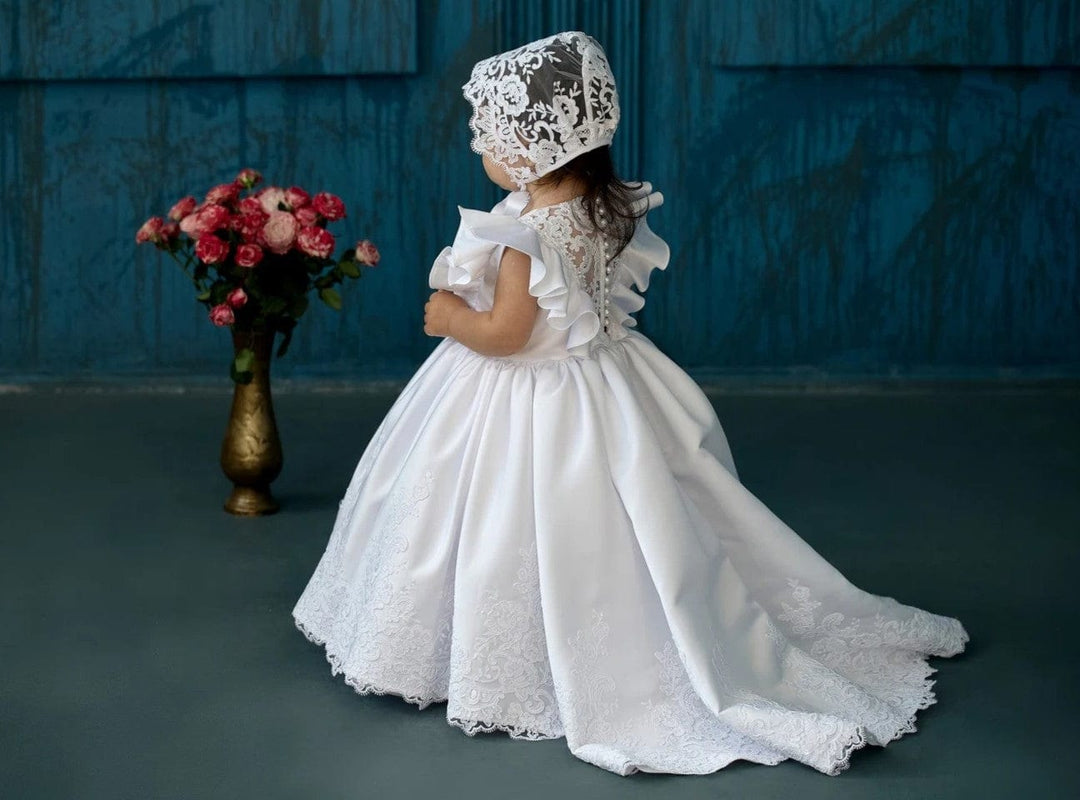 Sunnypetal White Ruffled Sleeves Satin Lace Baby Toddler Baptism Dress with Train
